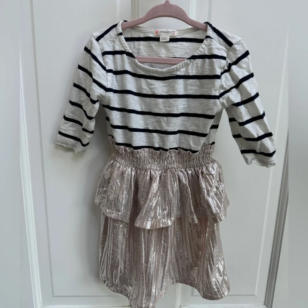 NWOT Crewcuts 2T Blue & White Stripe & Shiny Champagne Long Sleeve Girls Dress